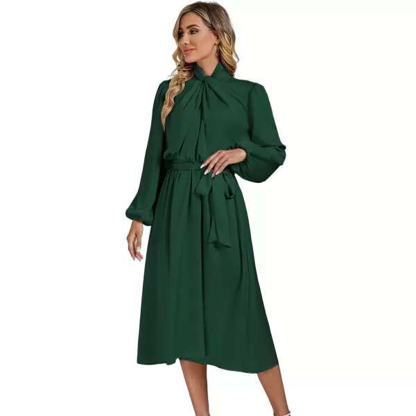 LYANER Women's Satin Slik Knot Mock Neck Waist Tie Puff Long Sleeve Flowy Midi Dress