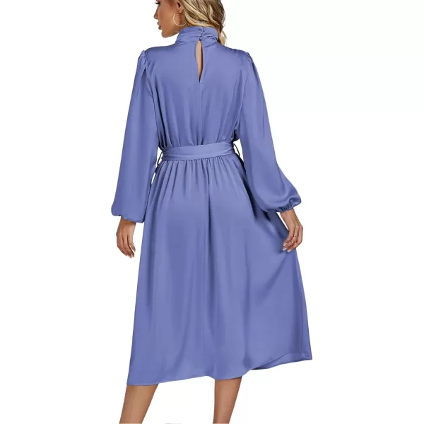 LYANER Women's Satin Slik Knot Mock Neck Waist Tie Puff Long Sleeve Flowy Midi Dress