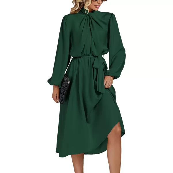 LYANER Women's Satin Slik Knot Mock Neck Waist Tie Puff Long Sleeve Flowy Midi Dress