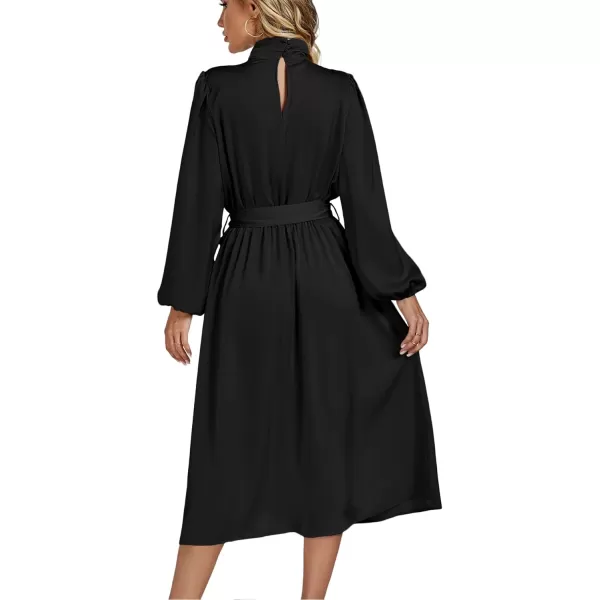 LYANER Women's Satin Slik Knot Mock Neck Waist Tie Puff Long Sleeve Flowy Midi Dress