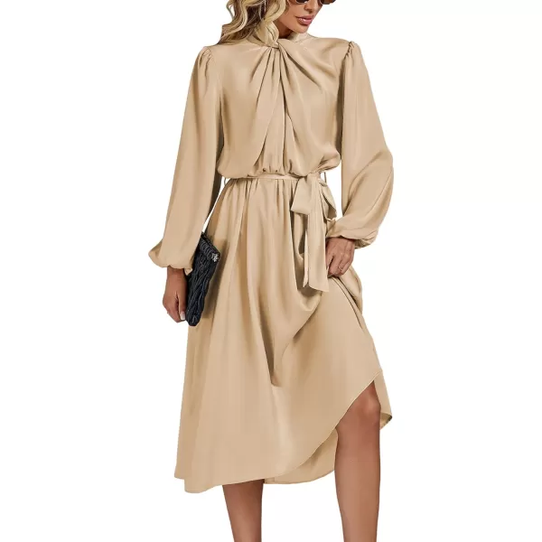LYANER Women's Satin Slik Knot Mock Neck Waist Tie Puff Long Sleeve Flowy Midi Dress