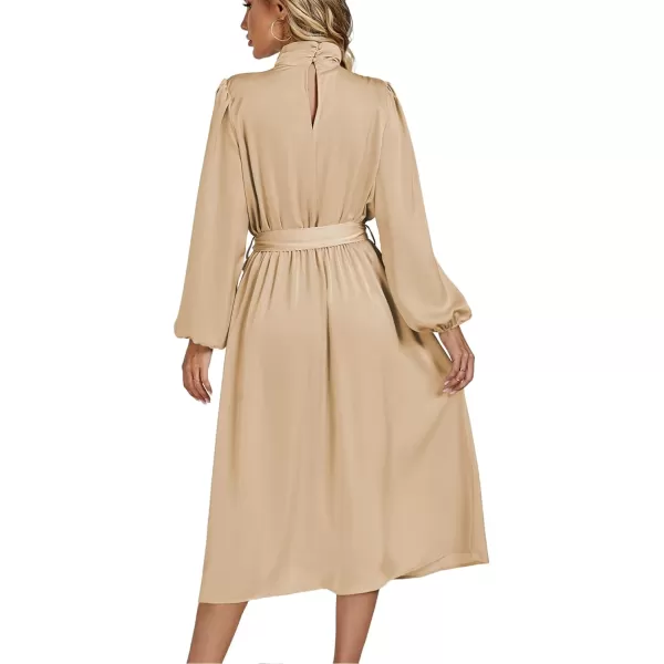 LYANER Women's Satin Slik Knot Mock Neck Waist Tie Puff Long Sleeve Flowy Midi Dress