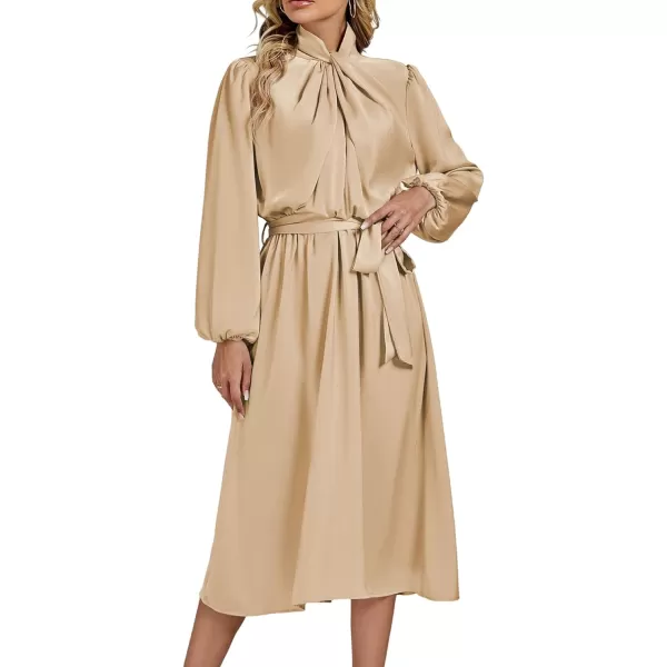 LYANER Women's Satin Slik Knot Mock Neck Waist Tie Puff Long Sleeve Flowy Midi Dress