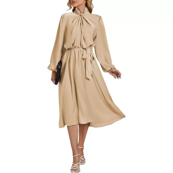 LYANER Women's Satin Slik Knot Mock Neck Waist Tie Puff Long Sleeve Flowy Midi Dress