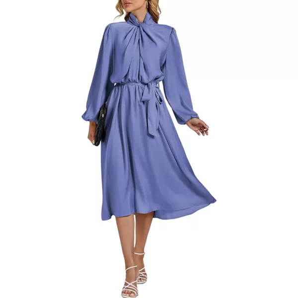 LYANER Women's Satin Slik Knot Mock Neck Waist Tie Puff Long Sleeve Flowy Midi Dress