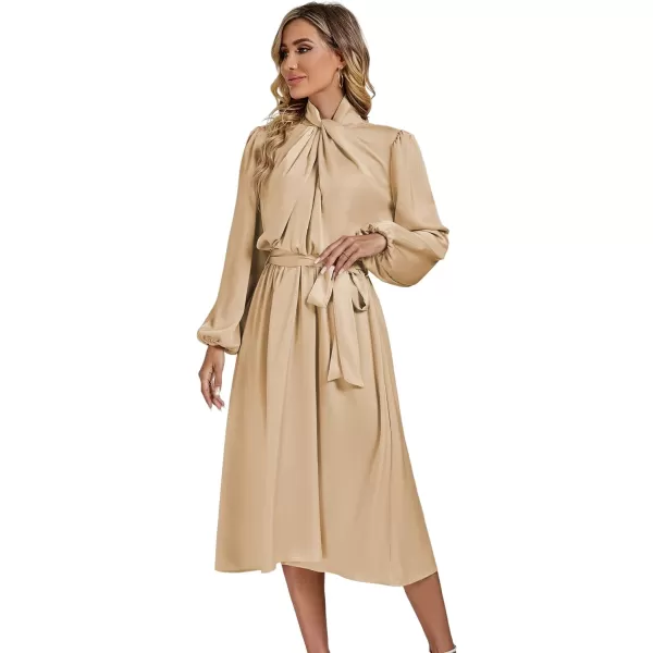 LYANER Women's Satin Slik Knot Mock Neck Waist Tie Puff Long Sleeve Flowy Midi Dress