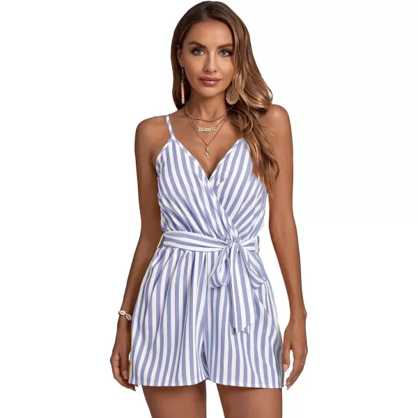 LYANER Women's Striped Wrap V Neck Tie Waist Sleeveless Spaghetti Straps Romper Short Jumpsuit