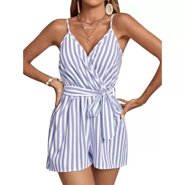 LYANER Women's Striped Wrap V Neck Tie Waist Sleeveless Spaghetti Straps Romper Short Jumpsuit