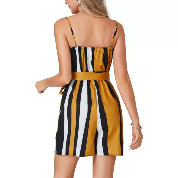 LYANER Women's Striped Wrap V Neck Tie Waist Sleeveless Spaghetti Straps Romper Short Jumpsuit