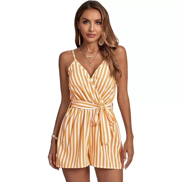 LYANER Women's Striped Wrap V Neck Tie Waist Sleeveless Spaghetti Straps Romper Short Jumpsuit