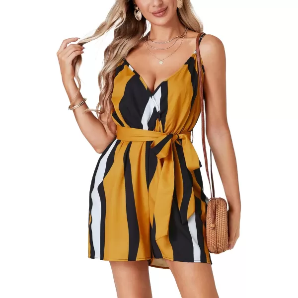 LYANER Women's Striped Wrap V Neck Tie Waist Sleeveless Spaghetti Straps Romper Short Jumpsuit