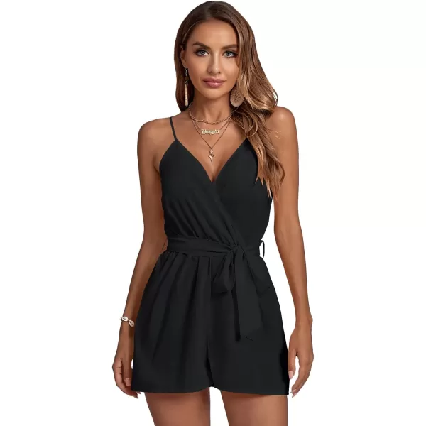 LYANER Women's Striped Wrap V Neck Tie Waist Sleeveless Spaghetti Straps Romper Short Jumpsuit
