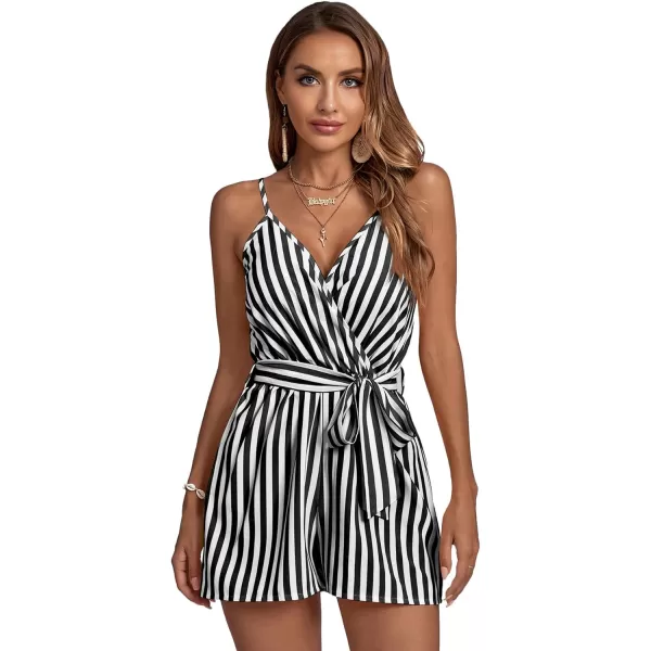 LYANER Women's Striped Wrap V Neck Tie Waist Sleeveless Spaghetti Straps Romper Short Jumpsuit