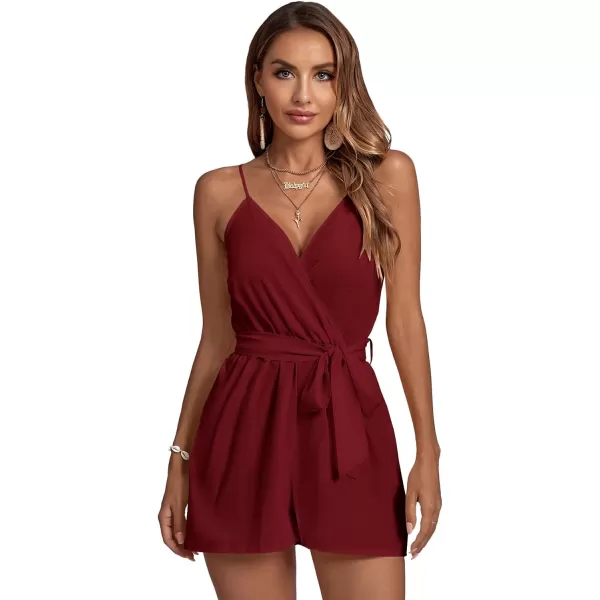 LYANER Women's Striped Wrap V Neck Tie Waist Sleeveless Spaghetti Straps Romper Short Jumpsuit