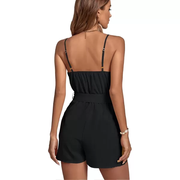 LYANER Women's Striped Wrap V Neck Tie Waist Sleeveless Spaghetti Straps Romper Short Jumpsuit