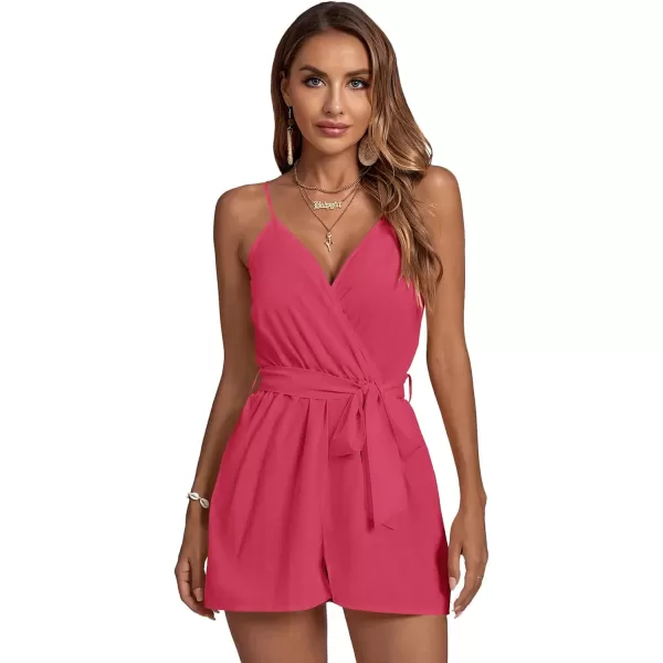 LYANER Women's Striped Wrap V Neck Tie Waist Sleeveless Spaghetti Straps Romper Short Jumpsuit