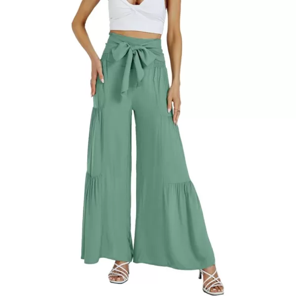 LYANER Women's Casual Tie Front Smocked High Waist Wide Leg Pleated Palazzo Lounge Pant