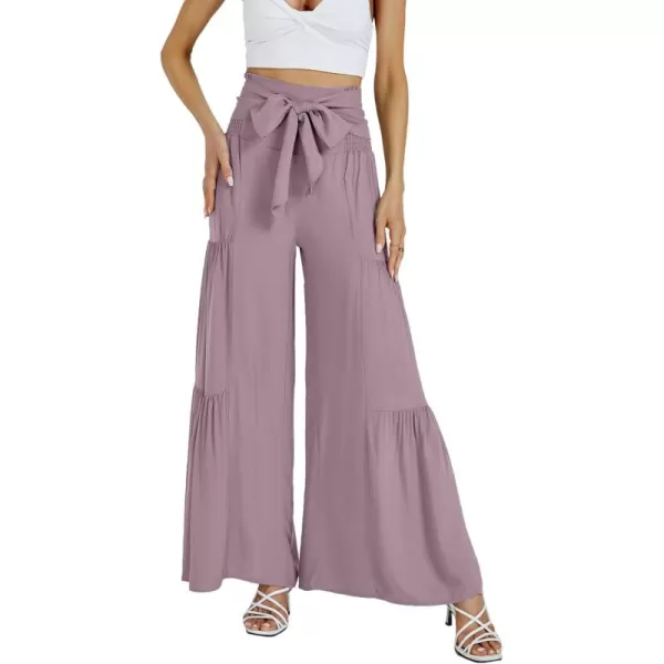 LYANER Women's Casual Tie Front Smocked High Waist Wide Leg Pleated Palazzo Lounge Pant