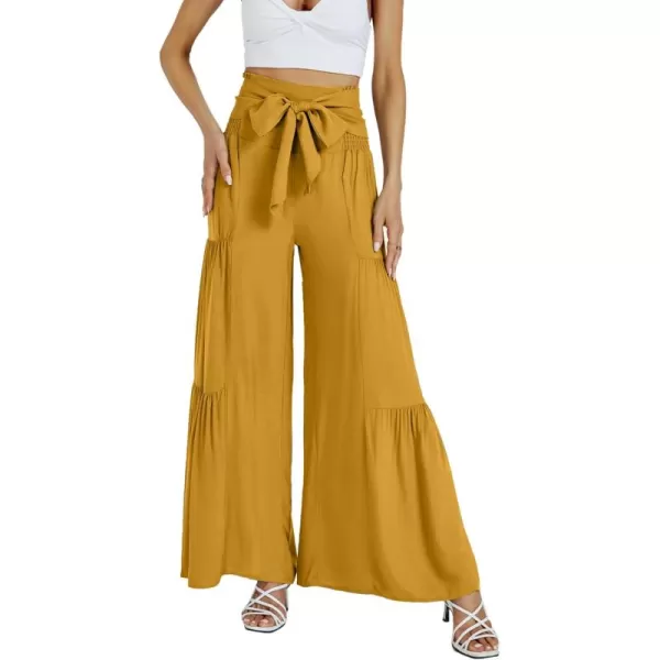 LYANER Women's Casual Tie Front Smocked High Waist Wide Leg Pleated Palazzo Lounge Pant