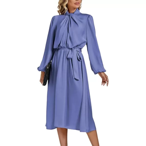 LYANER Women's Satin Slik Knot Mock Neck Waist Tie Puff Long Sleeve Flowy Midi Dress