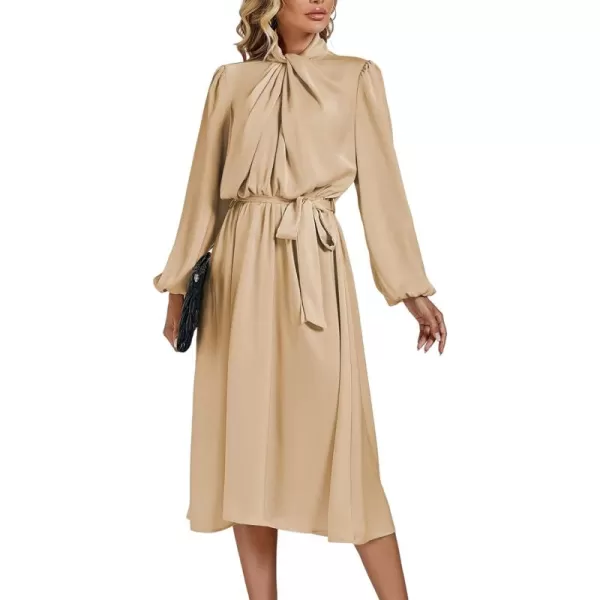LYANER Women's Satin Slik Knot Mock Neck Waist Tie Puff Long Sleeve Flowy Midi Dress