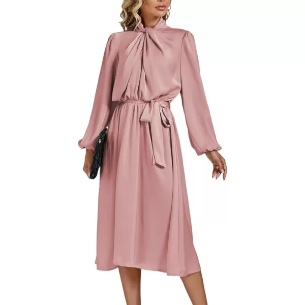 LYANER Women's Satin Slik Knot Mock Neck Waist Tie Puff Long Sleeve Flowy Midi Dress