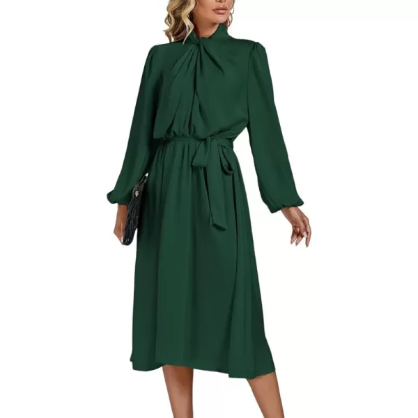 LYANER Women's Satin Slik Knot Mock Neck Waist Tie Puff Long Sleeve Flowy Midi Dress