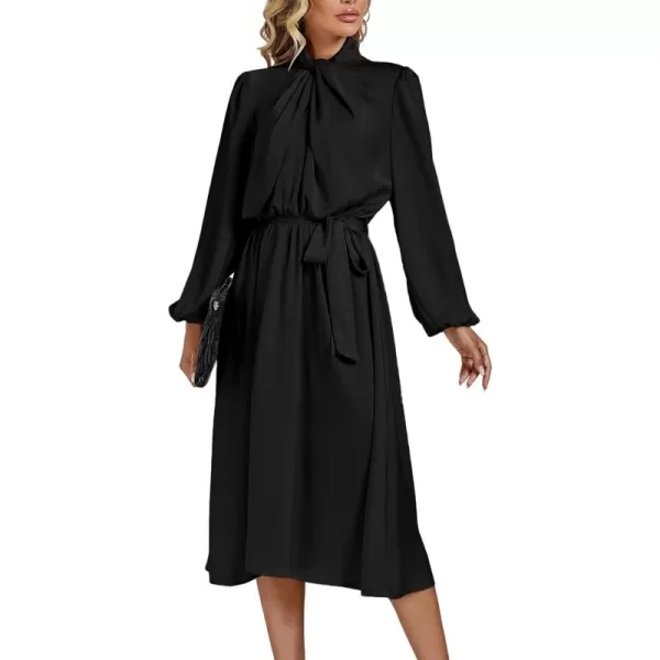 LYANER Women's Satin Slik Knot Mock Neck Waist Tie Puff Long Sleeve Flowy Midi Dress