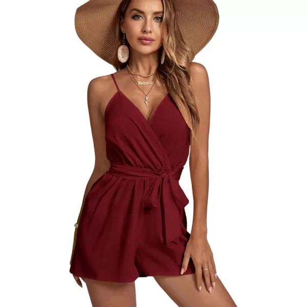 LYANER Women's Striped Wrap V Neck Tie Waist Sleeveless Spaghetti Straps Romper Short Jumpsuit
