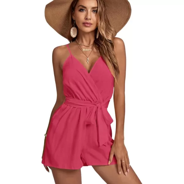 LYANER Women's Striped Wrap V Neck Tie Waist Sleeveless Spaghetti Straps Romper Short Jumpsuit