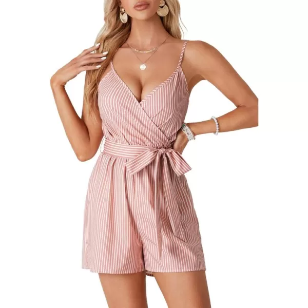 LYANER Women's Striped Wrap V Neck Tie Waist Sleeveless Spaghetti Straps Romper Short Jumpsuit