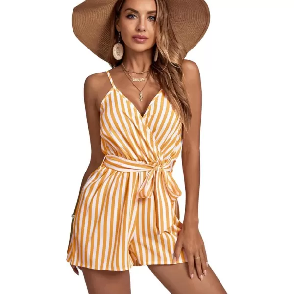 LYANER Women's Striped Wrap V Neck Tie Waist Sleeveless Spaghetti Straps Romper Short Jumpsuit
