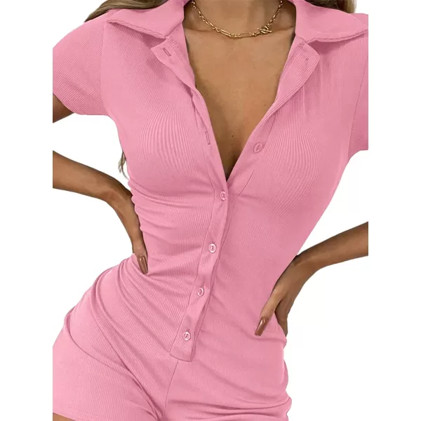 LYANER Women's Collar Button Down Short Sleeve One Piece Romper Playsuit Bodysuit