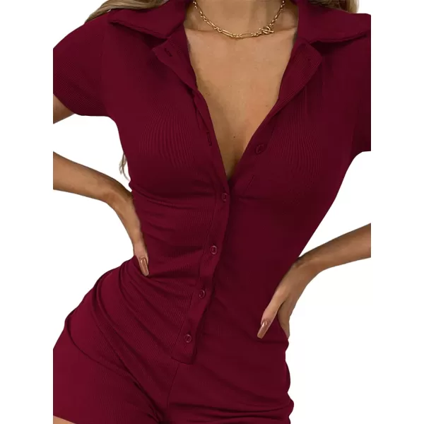 LYANER Women's Collar Button Down Short Sleeve One Piece Romper Playsuit Bodysuit