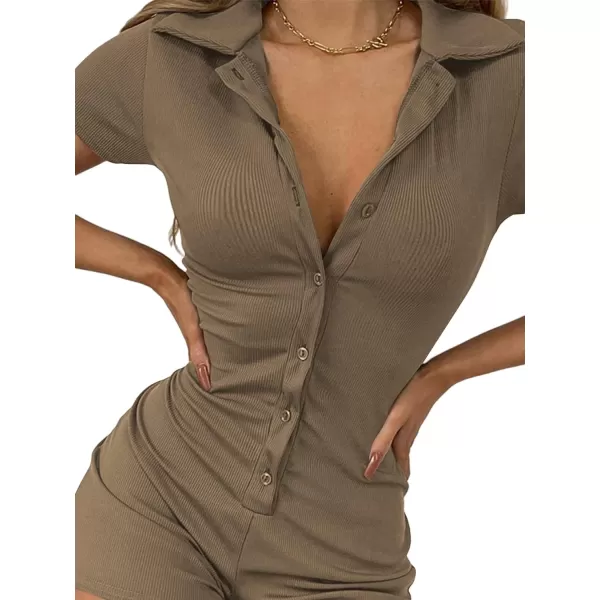 LYANER Women's Collar Button Down Short Sleeve One Piece Romper Playsuit Bodysuit