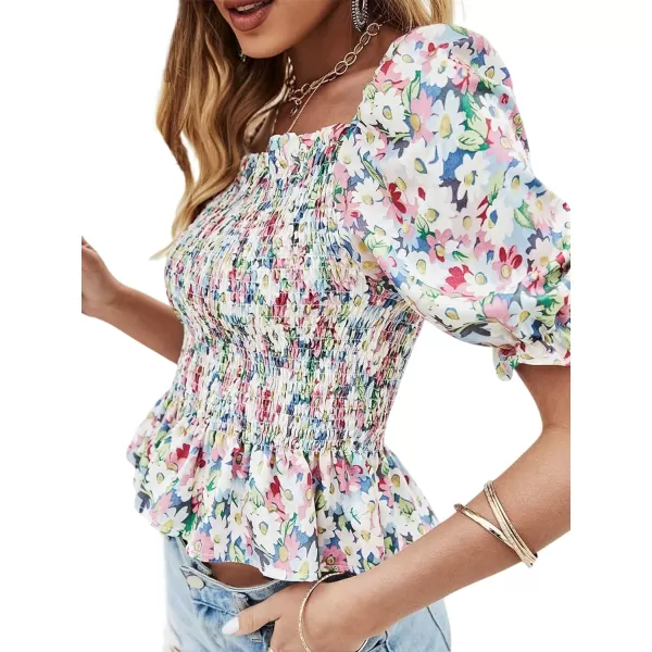LYANER Women's Floral Print Square Neck Shirred Ruffle Hem Short Sleeve Blouse Top