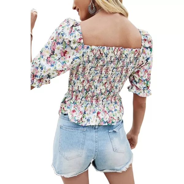 LYANER Women's Floral Print Square Neck Shirred Ruffle Hem Short Sleeve Blouse Top