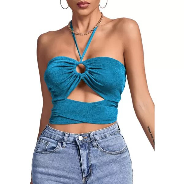 LYANER Women's Halter Sleeveless Ruch Crisscross Knot Tie Wrap Sexy Camisole Crop Top