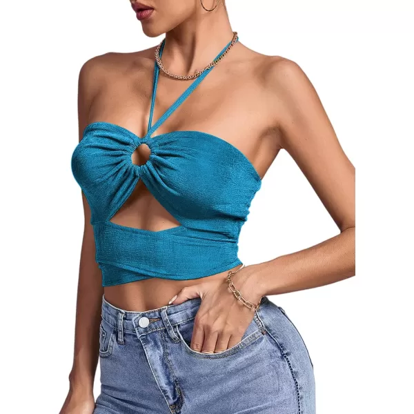 LYANER Women's Halter Sleeveless Ruch Crisscross Knot Tie Wrap Sexy Camisole Crop Top