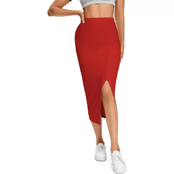 LYANER Women's High Waist Stretchy Rib Knit Split Slit Hem Midi Pencil Skirt