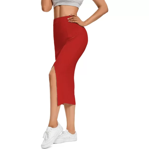 LYANER Women's High Waist Stretchy Rib Knit Split Slit Hem Midi Pencil Skirt