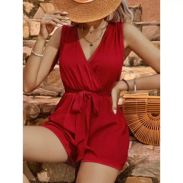 LYANER Women's One Piece Outfits Wraped V Neck Waist Tie Sleeveless Romper Short Jumpsuit