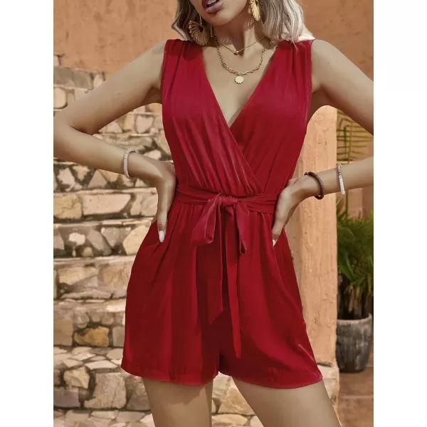 LYANER Women's One Piece Outfits Wraped V Neck Waist Tie Sleeveless Romper Short Jumpsuit