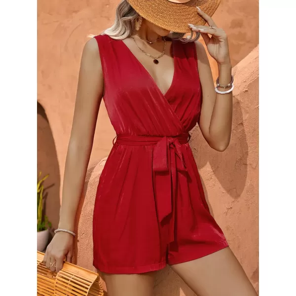 LYANER Women's One Piece Outfits Wraped V Neck Waist Tie Sleeveless Romper Short Jumpsuit