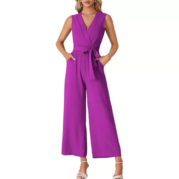 LYANER Women's Wrap Deep V Neck Tie Waist Sleeveless Wide Leg Jumpsuit Romper with Pocket