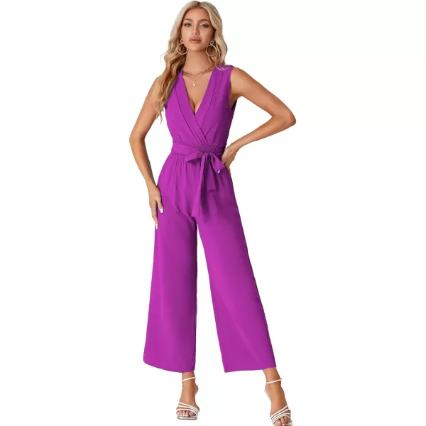 LYANER Women's Wrap Deep V Neck Tie Waist Sleeveless Wide Leg Jumpsuit Romper with Pocket