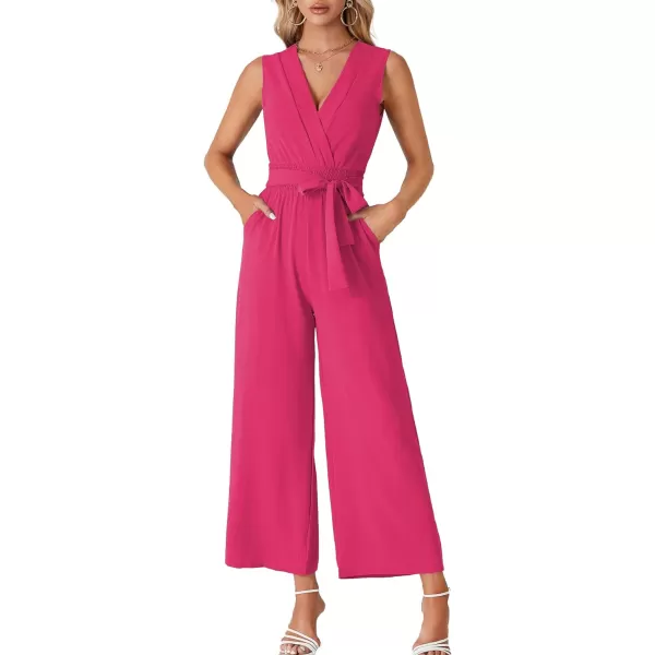 LYANER Women's Wrap Deep V Neck Tie Waist Sleeveless Wide Leg Jumpsuit Romper with Pocket