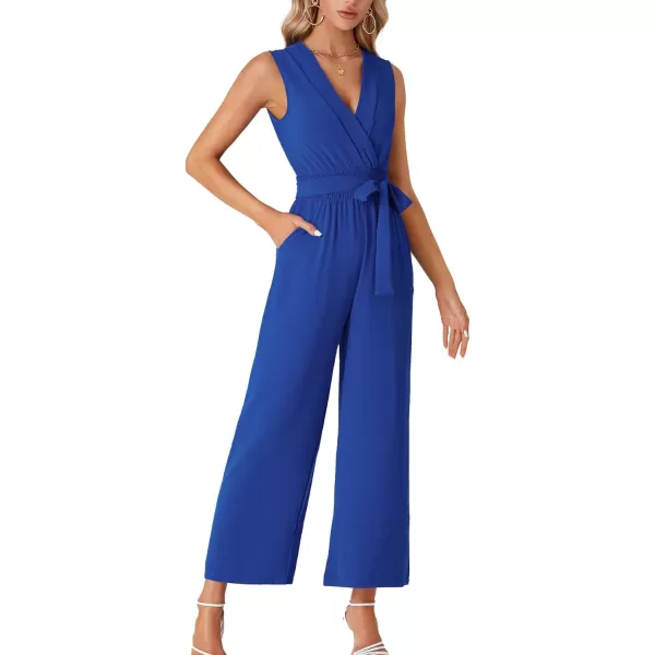 LYANER Women's Wrap Deep V Neck Tie Waist Sleeveless Wide Leg Jumpsuit Romper with Pocket