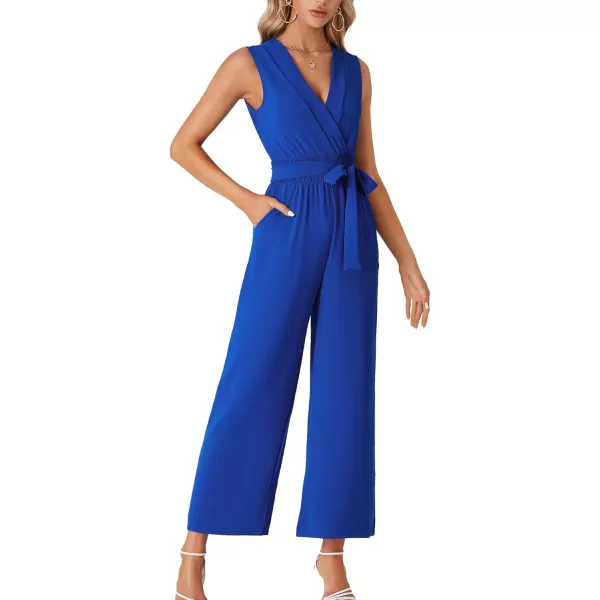 LYANER Women's Wrap Deep V Neck Tie Waist Sleeveless Wide Leg Jumpsuit Romper with Pocket