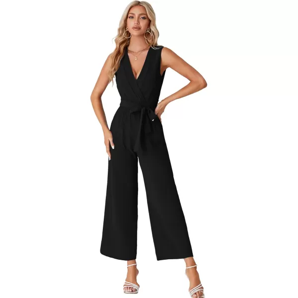 LYANER Women's Wrap Deep V Neck Tie Waist Sleeveless Wide Leg Jumpsuit Romper with Pocket